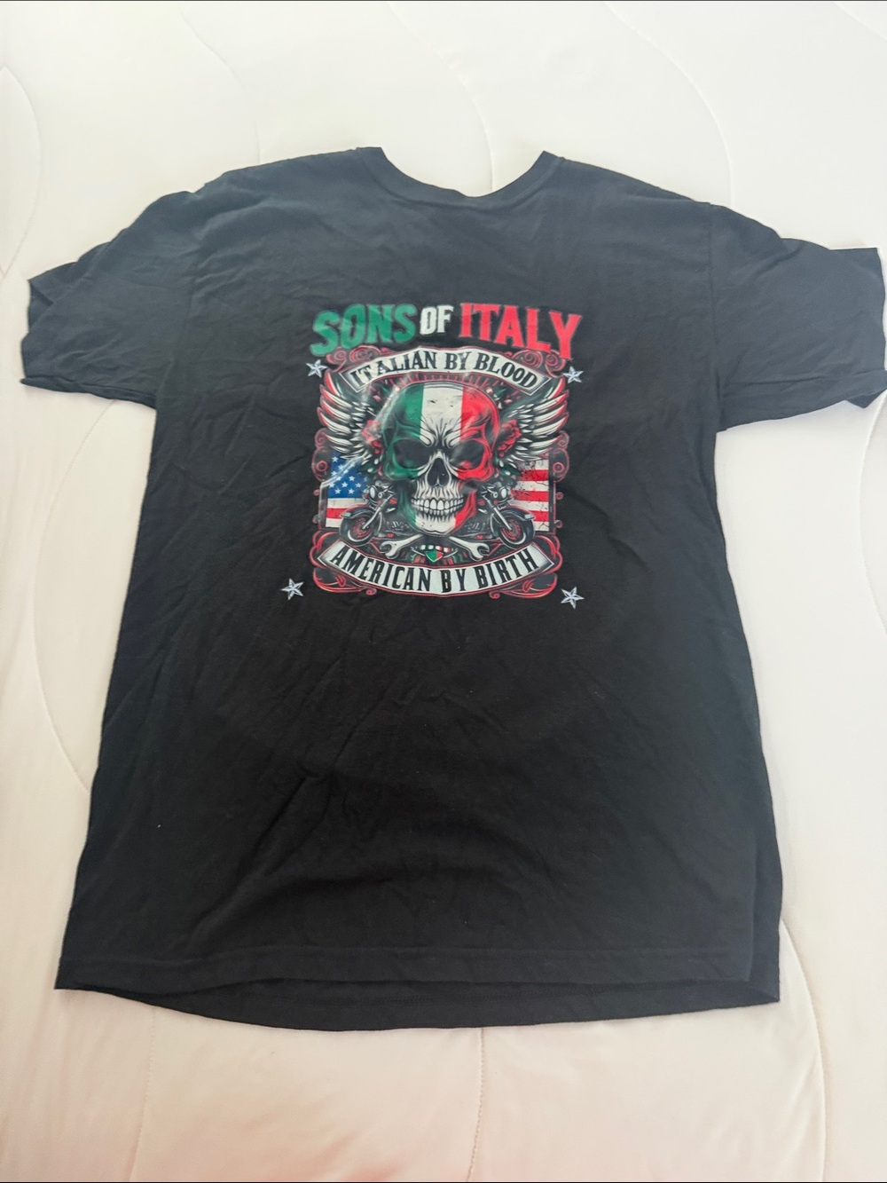 Society6 Black Tee with Tricolor Skull and Flag Graphic